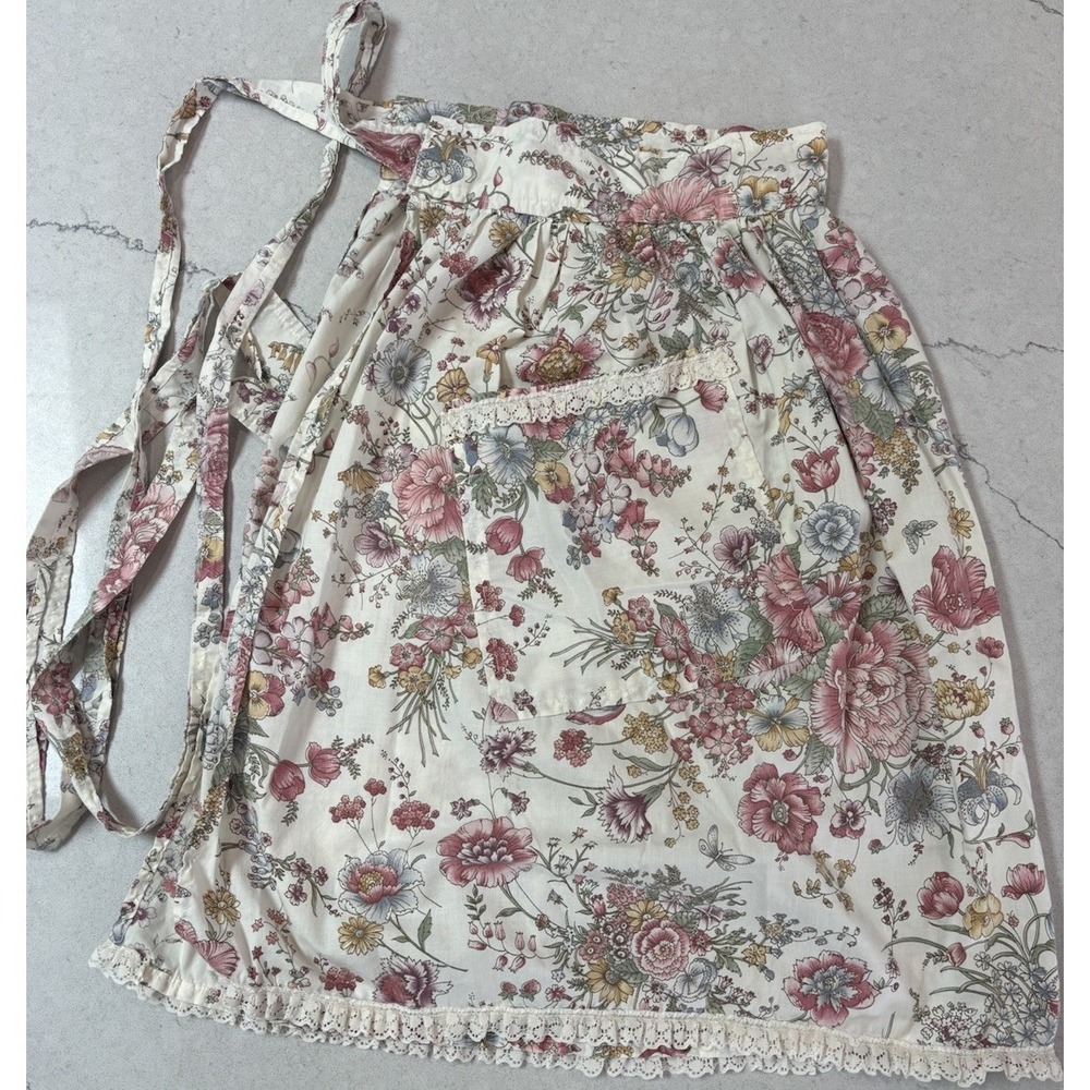 Vintage Cottagecore Floral Half Apron Shabby Chic Pink Rose Cotton Waist Apron